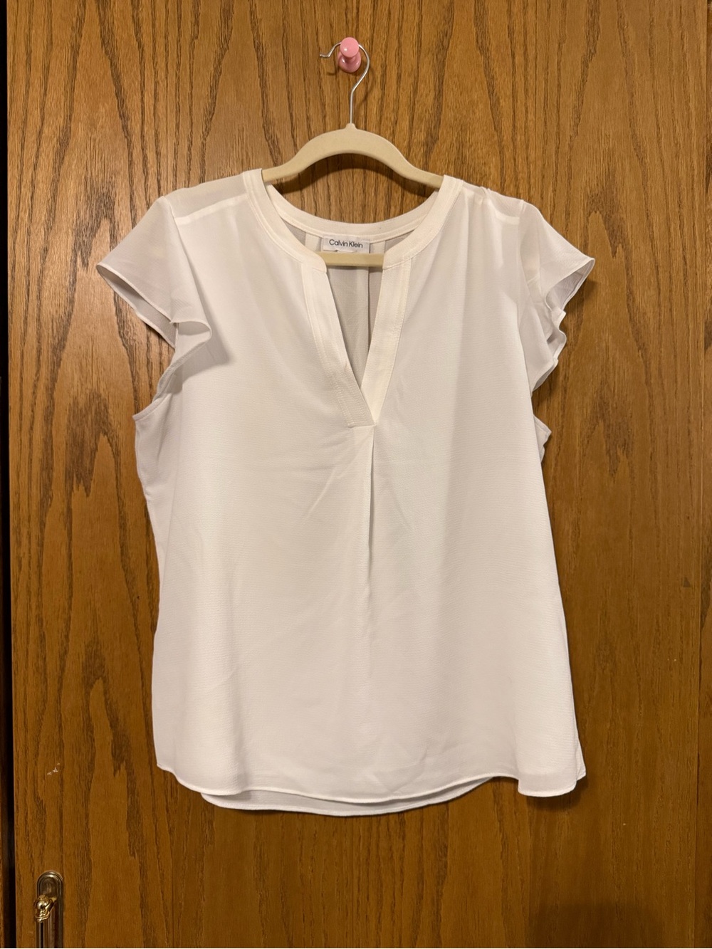 Calvin Klein White Split-Neck Cap Sleeve Blouse